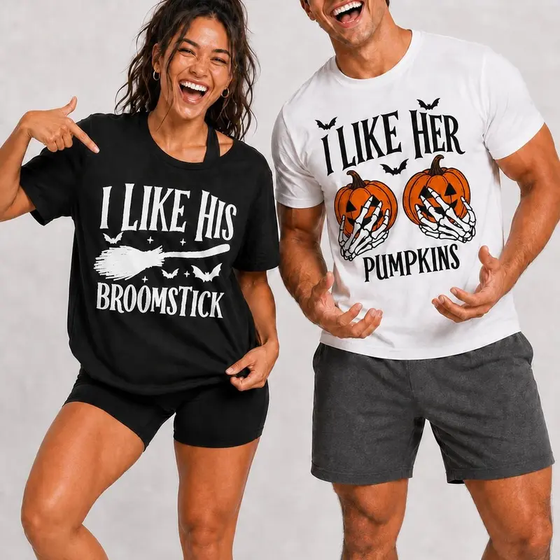 Funny Couples Halloween Shirts, I Like His Broomstick I Like Her Pumpkins Hist Broomstick Shirt, Matching Halloween Shirts for Couples, Spooky Season Couples Outfit, Halloween Couple Gift