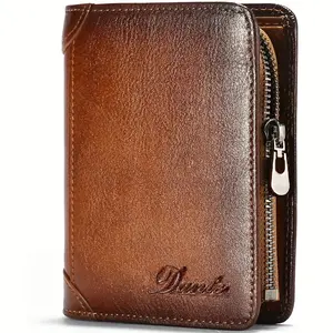 Men's Wallet Rubbed Color Vegetable Tanned Head Layer Cowhide Multi Card Position Short Card Bag Driver's License Zipper Money Clip