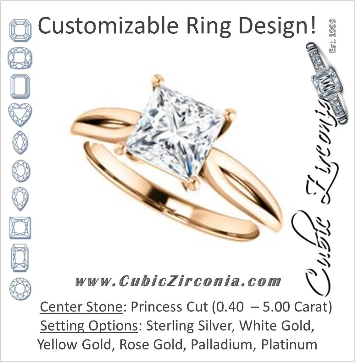 Cubic Zirconia Engagement Ring- The Viola (Customizable Princess Cut Solitaire with Curving Tapered Split Band)