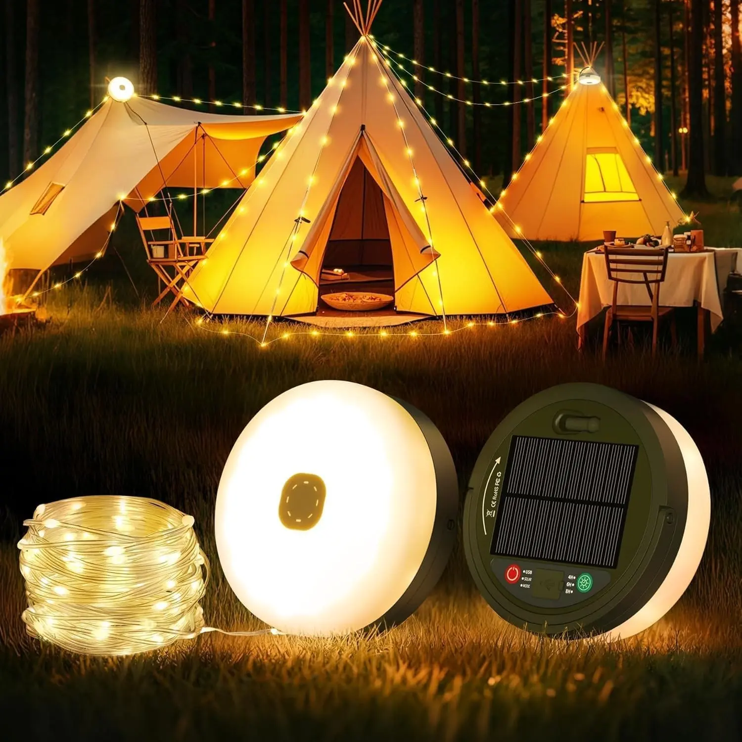 Solar Camping Lantern String, Rechargeable LED Light, Battery Lights, Waterproof Outdoor Lamp, Multiple Modes, Party, Garden, Home, Camping