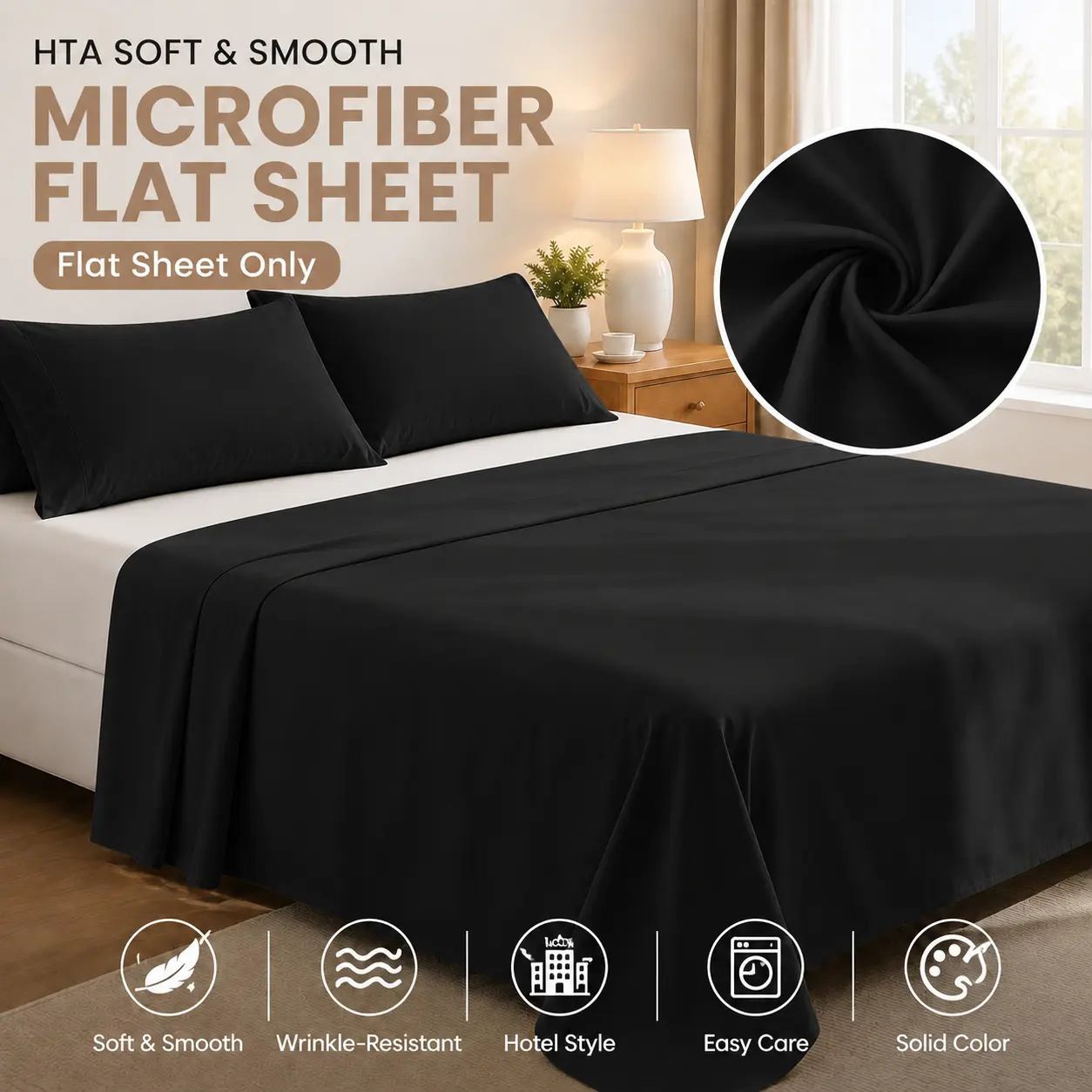 HTA Soft & Smooth Microfiber Flat Sheet Only, Wrinkle-Resistant Hotel Style Top Sheet, Easy Care Solid Color Bedding