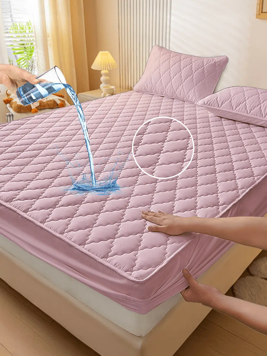 Single Solid Pink Fitted Mattress Cover - Waterproof Polyester Bedding Accessory, Soft Skin-Friendly Breathable Fabric, Ideal for Girls' Bedrooms