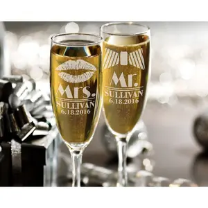 Mrs Mr Personalized Lips Tie Set of 2 Custom Champagne Flutes, Wedding Gift, Bride Groom Champagne Glasses, Laser Engraved with Name & Date