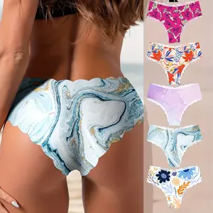 4PCS Women’s Seamless Ice Silk Underwear – Low-Rise, Breathable & Comfortable Panties with Artistic Print, Perfect for Daily Wear Womenswear Bridal thongs