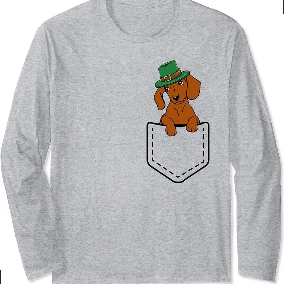 Funny Peeking Red Dachshund Dog In Pocket St Patricks Day Long Sleeve T-shirt