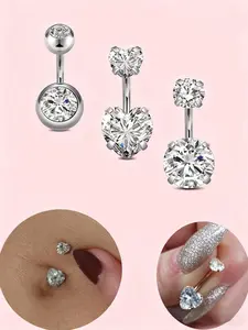Stainless Steel Navel Ring for Women, Silver Color Cubic Zirconia Belly Button Jewelry, Simple Design, 6mm Diameter, Party Wear, Body Piercing Jewelry