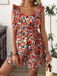 DANLIEN Floral Print Ruffle Trim Maternity Nursing Dress Summer Vacation Pregnancy Dress