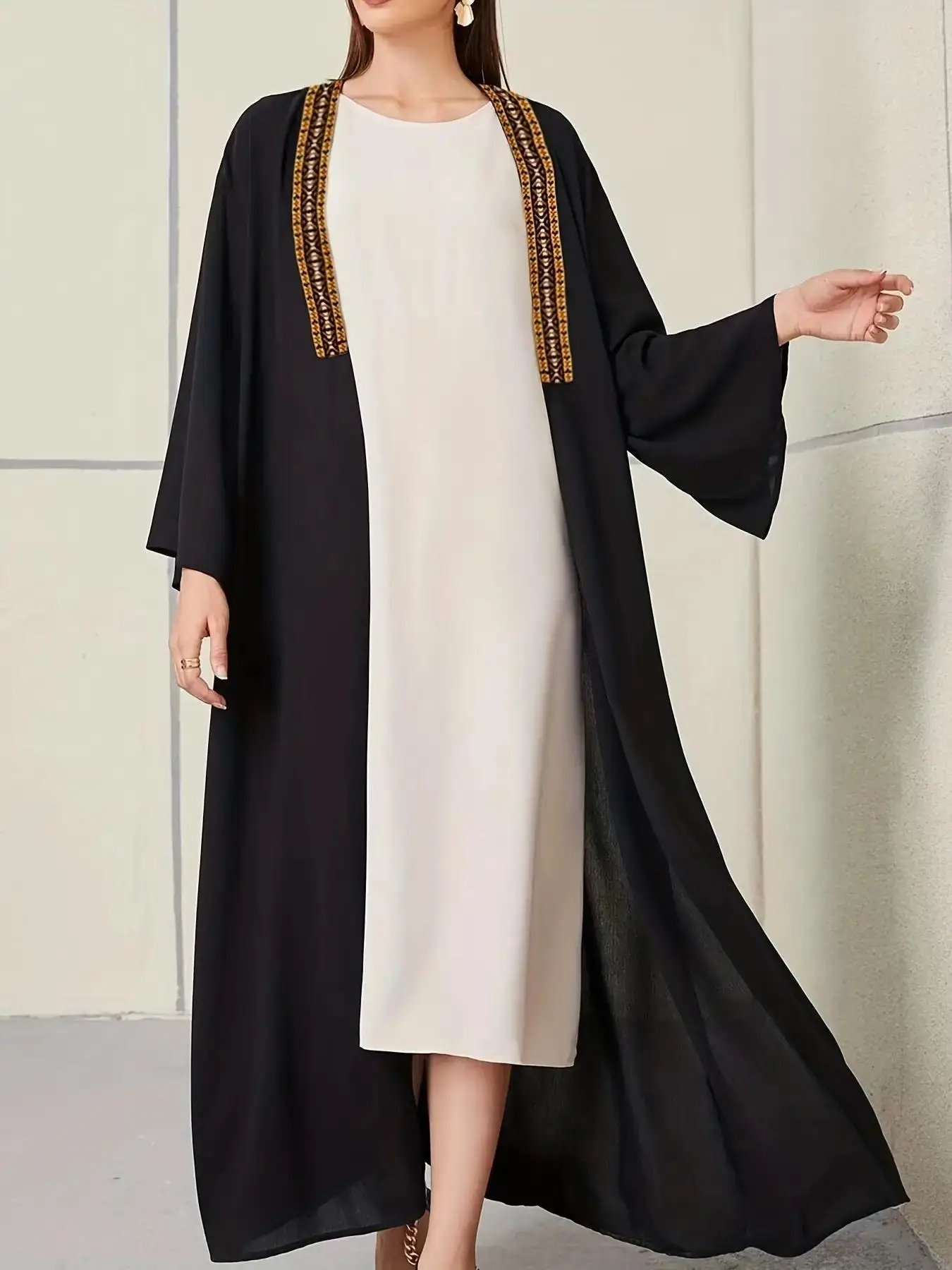 Arabic Clothing-Ethnic Pattern Contrast Trim Abaya, Islamic Women Loose Long Cardigan, Black Long Sleeve Open Front Kimono Abayas, Muslim Arabian Clot