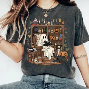 Retro Cozy Ghost Reading Halloween T-Shirt, Haunting Adeline T-Shirt, Fall Library Boo Ghost T-Shirt, Cute Spooky Bookshelf Tee, The Lords Series, Legacy of Gods