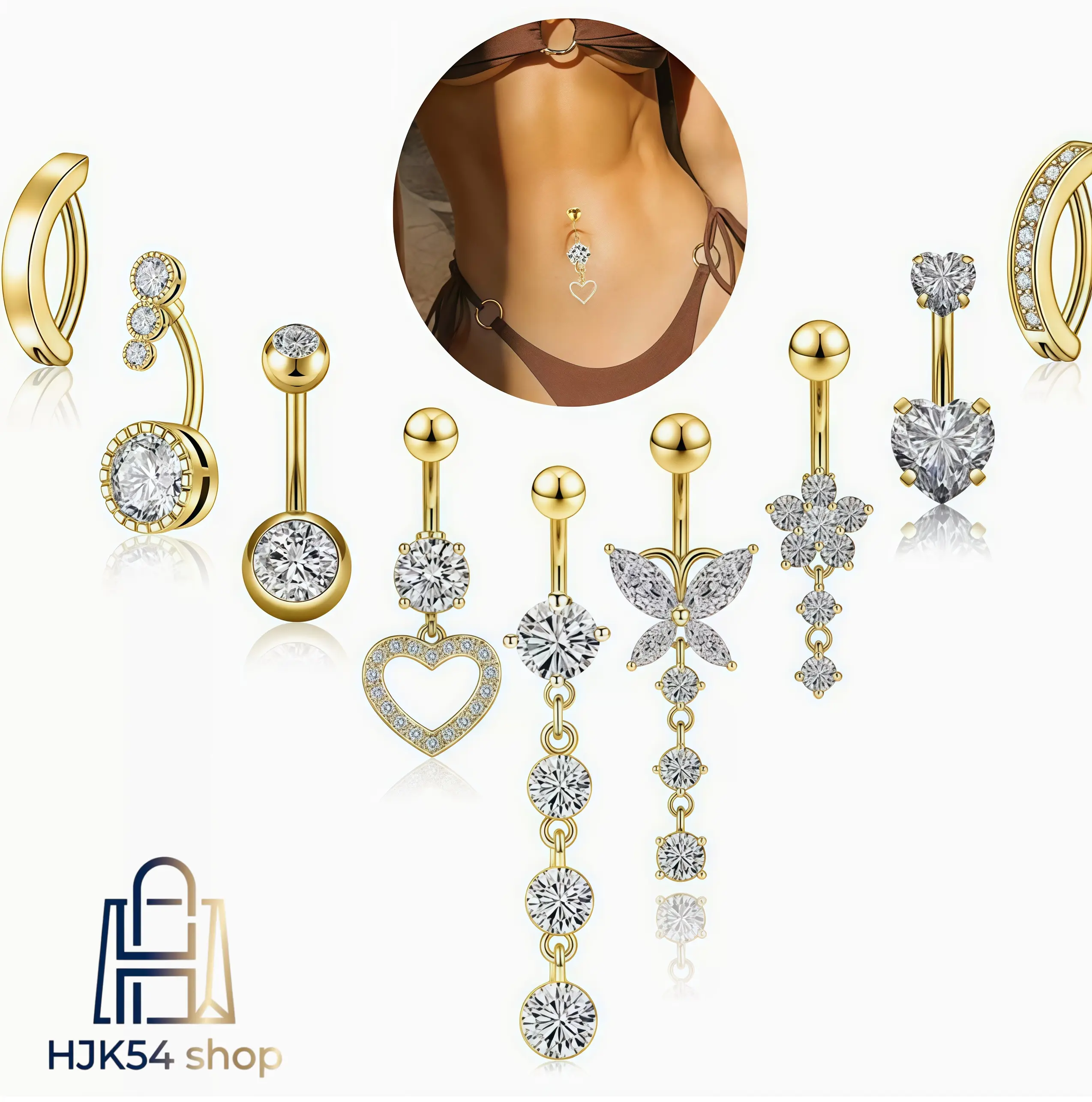 9PCS CZ Crystal Belly Button Rings Set, 14K Gold/Silver Plated Navel Piercing Jewelry, Dangling Butterfly/Heart/Flower Belly Bars, Hypoallergenic Body Piercing for Women
