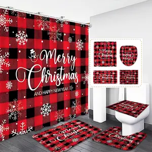Christmas Plaid Waterproof Shower Curtain Set, Snowflake Design, Holiday Home Bathroom Accessories, Includes 12 Hooks, Bath Mat, Toilet Pad, U-Shaped Pad