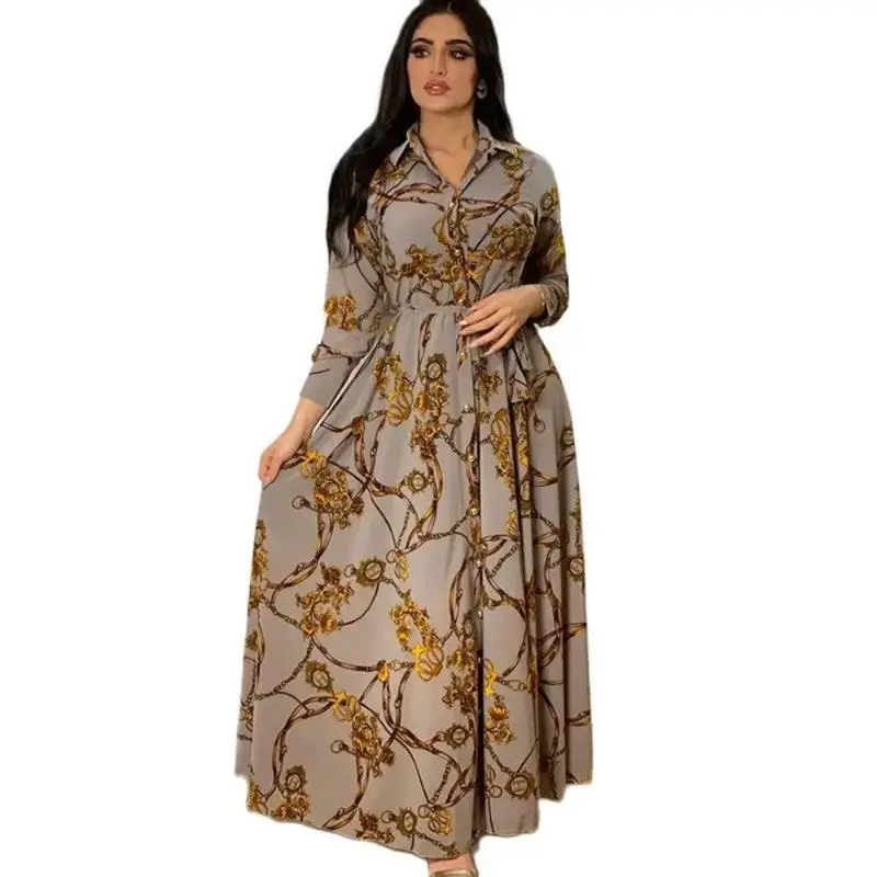 Women's V-Neck Elegant Muslim Abaya Dress - Ramadan Print Casual All-Seasons Kaftan, Arabic Style, 2026 Autumn Design, Grey/Black/Blue, S-M-L-XL-XXL, Versatile Fashion Piece for Daily Wear