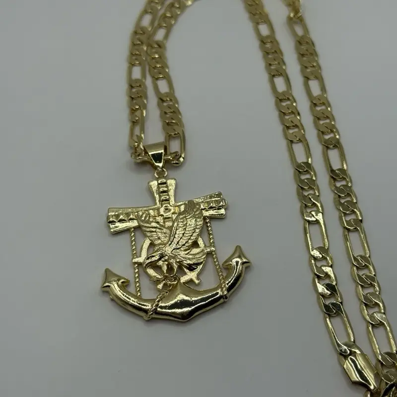 Anchor Necklace with Eagle Pendant, 24” Figaro Chain Gold Plated, Featuring Chain Design jewelry