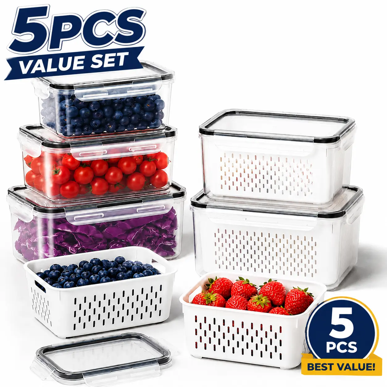 5 Pack Fridge Organizers and Storage - Stackable Fruit Storage Containers for Fridge with Removable Colander, BPA-Free Food Storage Container for Salad Berry Lettuce Vegetables Meat Keeper Fresh