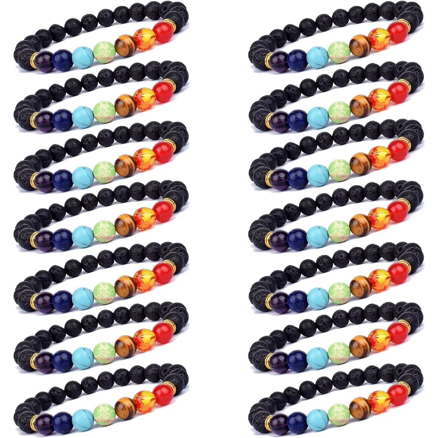 Lava Rock Bracelet Set, 14-Piece Unisex 8mm Round Beaded Jewelry, 7 Chakra Essential Oil Diffuser with Elastic String for Meditating & Guidance, A:14pcs, Round Beads, 14 Count, Chakra Colors, Anniversary, 19.5Cm, Bangle, Birthday, Choking Hazard Small Par