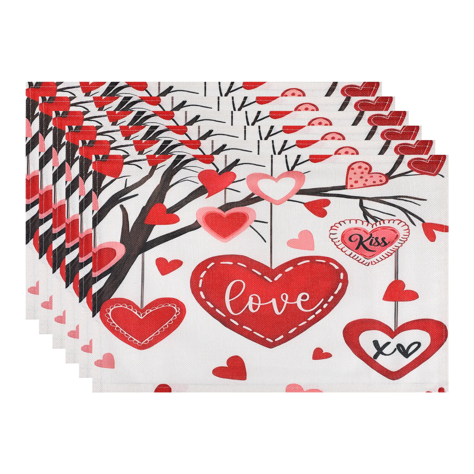 REGALWOVEN Love Hearts Placemats 6pcs, Happy Valentine's Day Dining Table Place Mats Home Kitchen Decor 17.7*11.8inch