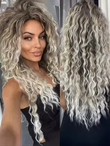 Women's Natural Layered Afro curly Synthetic Hair Wig with Rose Net -Ombre Grey Highlights, Heat-Resistant Fiber Long Curly -like Texture for Daily Wear, Parties & Festivals (No Glue/Adhesive) Synthetic Curly Wigs Glueless Wigs