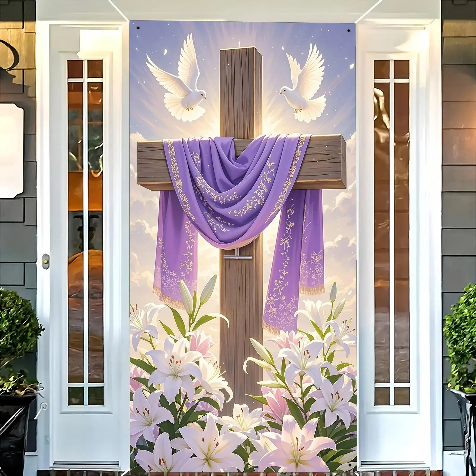 Christian Jesus Easter Cross Door Banner, 1 Count Polyester Non-electric Decoration with Free Lanyard, Indoor Outdoor Decorative Door Curtain