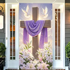 Christian Jesus Easter Cross Door Banner, 1 Count Polyester Non-electric Decoration with Free Lanyard, Indoor Outdoor Decorative Door Curtain