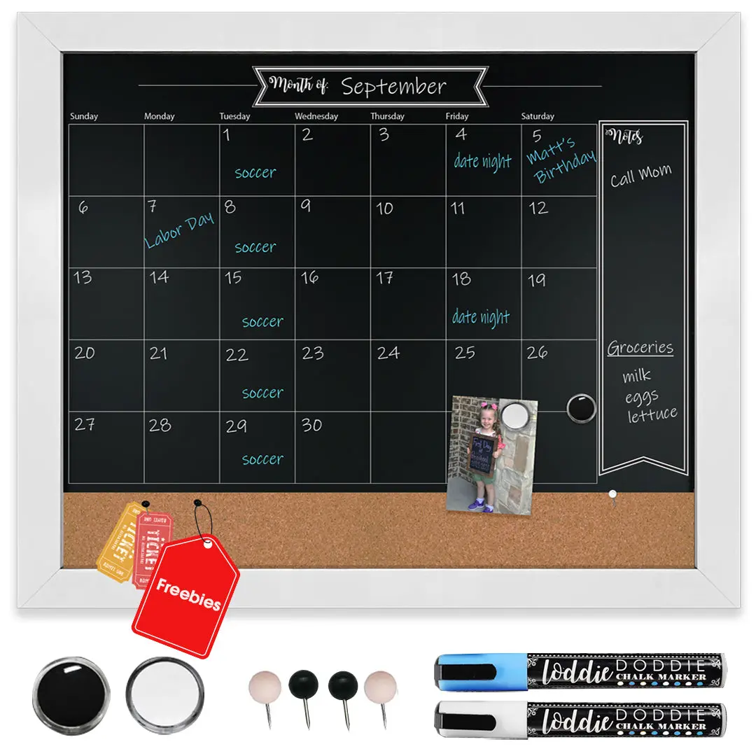 18x24 3N1 Magnetic Chalkboard Calendar Combo Kit- White Frame 18x24 3N1 Magnetic Chalkboard Calendar Combo Kit- White Frame