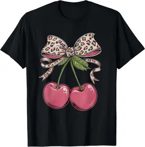 Premium model-Unisex-100% cotton-Cherry Cherries Leopard Bow T-Shirt Casual Fabric
