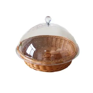 Acrylic Lid Woven Basket, Round Storage Basket for Food Display, Mimic Rattan Bread Basket, Ideal for Fruits and Vegetables