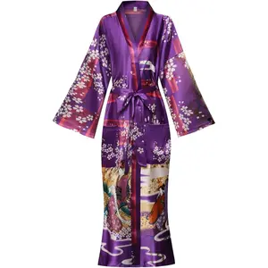 Women Long Silky Bathrobe Satin Kimono Robe Floral Printed Dressing Gown SleepwearGift