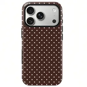 Polka Dot Print Phone Case, Classic Retro Dot Pattern, Tiny White Dots on Chocolate Background Print Phone Case, Heavy Duty Shockproof 2in1 Protective Case for iPhone 17 16 15 14 13 12 11 Pro Max Series Holiday Gift Minimalist Fashion Protective Case