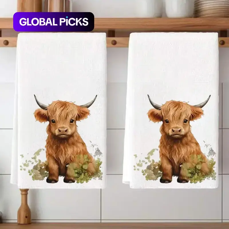 2 Counts Highland Cow Design Kitchen Towel Set, 100% Super Absorbent Microfiber, Soft and Durable Dishcloths, Bath Handkerchiefs and Tea Towels for Home Decor and Outdoor Use, Gift Idea #GLOBAL PICKS