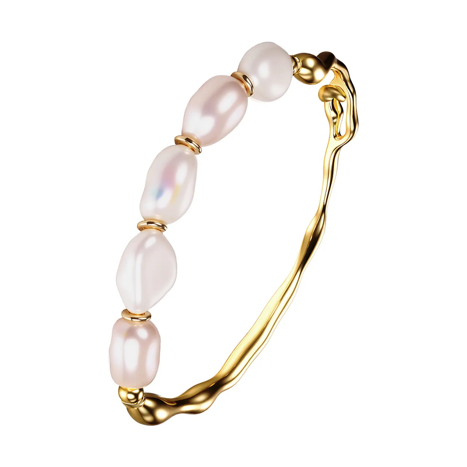 OIDEA Women's 14 Karat Gold Plated Pearl Beaded Bracelet - Adjustable Size Boho Minimalist Bangle with Irregular Baroque Freshwater Pearls, Fashion Costume Jewelry Accessory, Baroque Pearls