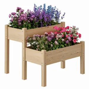 Large Two-Tier Elevated Wooden Raised Garden Bed – 34"x34"x29" Outdoor Planter Box with Legs, 8 Drainage Holes & 352 Lbs Weight Capacity – Grow Vegetables, Herbs, Flowers on Backyard, Patio & Deck