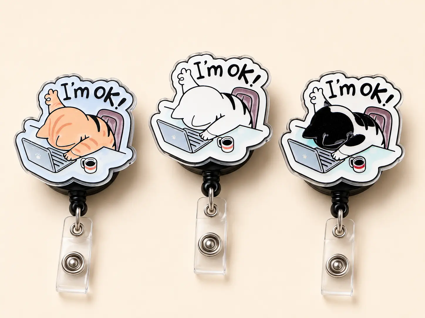 Funny Tired Cat Acrylic Badge Reel Retractable I'm Ok ID Holder Sarcastic Office Cat Work Clip Nurse Teacher Gift