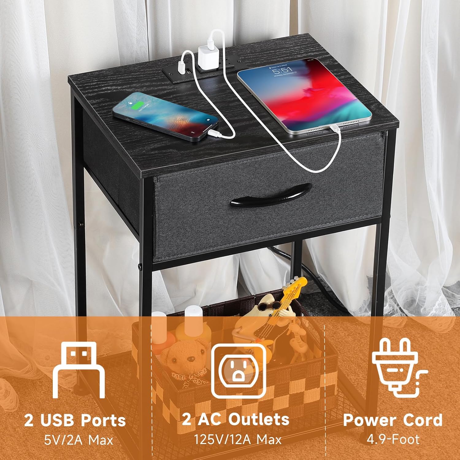 Black Nightstand with Charging Station, USB & AC Power Outlets, Fabric Drawer, Open Storage Shelf, Adjustable Legs – Multifunctional Bedside Cabinet for Bedroom, Living Room