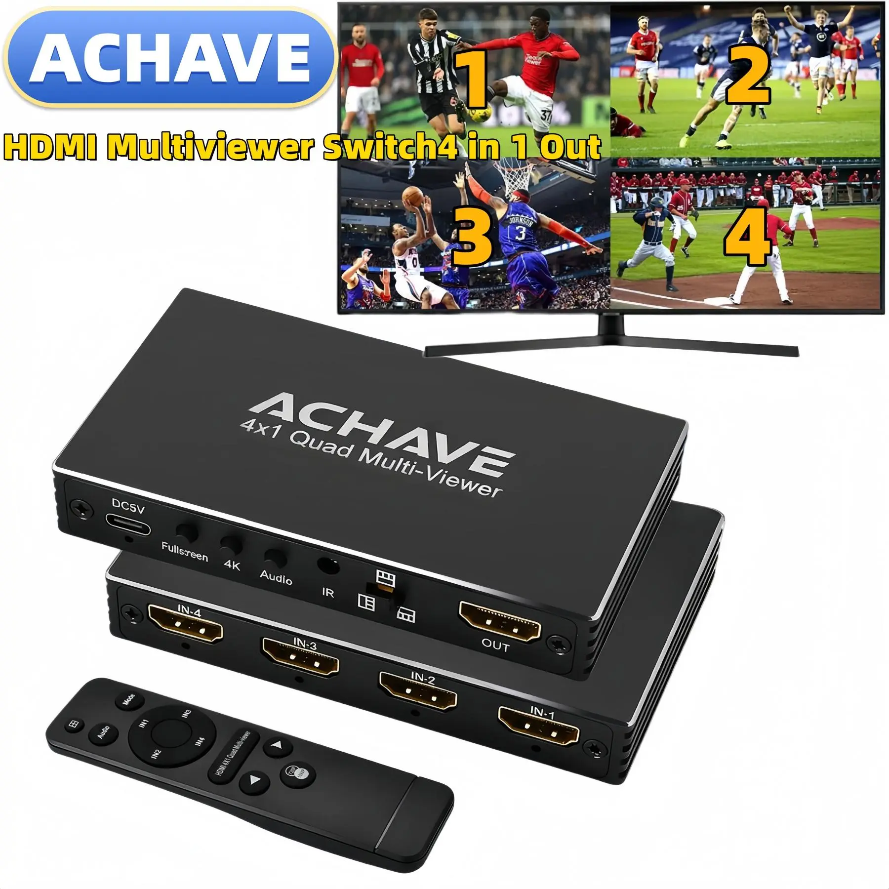 ACHAVE HDMI Multiviewer Switch 4x1 Quad Multi-Viewer 4 in 1 Out 1080P/4K 5 Display Modes for Security Camera Gaming Consoles with Remote Control Support, Cable, Devices, Accessories