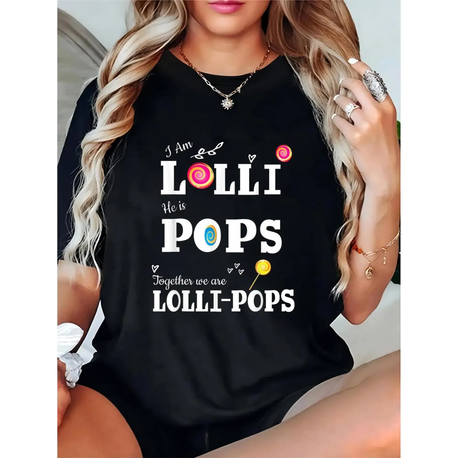 Women's Lollipop Graphic T-Shirt, "I Am Lolli He Is Pops" Cute Casual Tee, Perfect for Candy Themed Events & Daily Wear, Prints, Day, Basic, Shortsleeve, Elegant