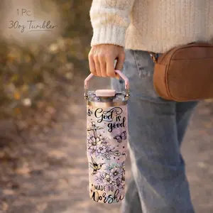 1 Pc 30oz insulated mug, double wall vacuum, leak proof lid, portable handle tumbler, keeps hot 12h cold 24h, floral faith design gift, aesthetic lifestyle cup for women men, daily use travel coffee drinkware, durable stainless steel