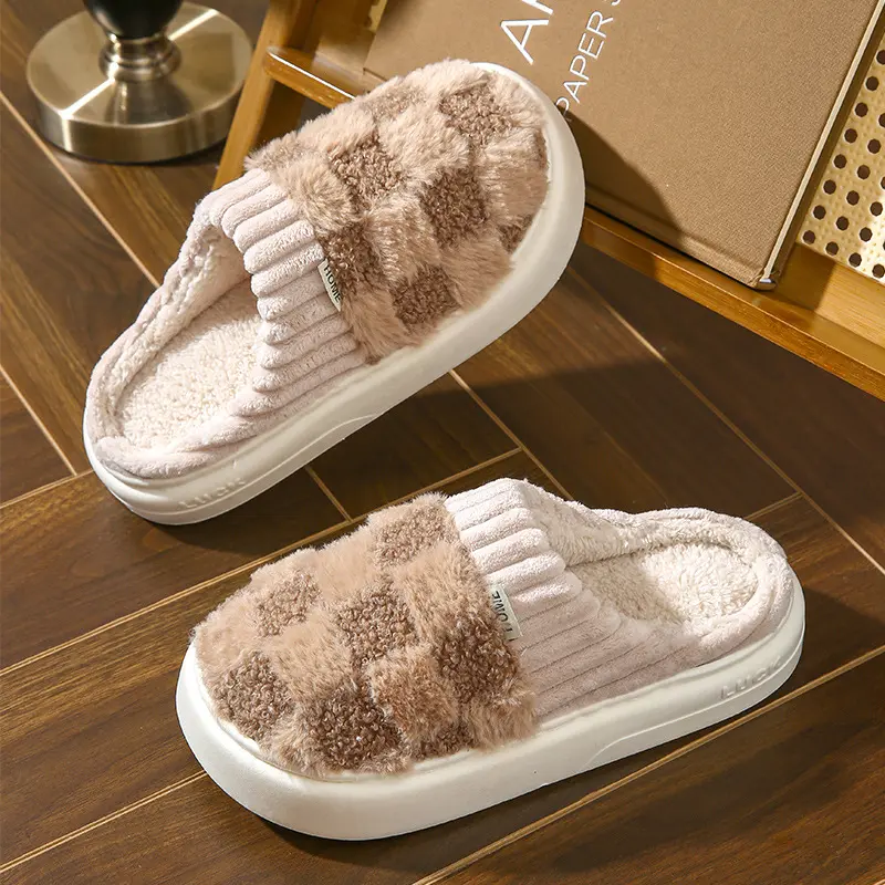 Warm Plaid Plush House Slippers for Women and Men, Casual Slides with Memory Foam Cushioning and Non-Slip Rubber Sole, Footwear, Plaid Design Slippers, Soft Cotton, Classic, Round Toe, Slip On, Ankle