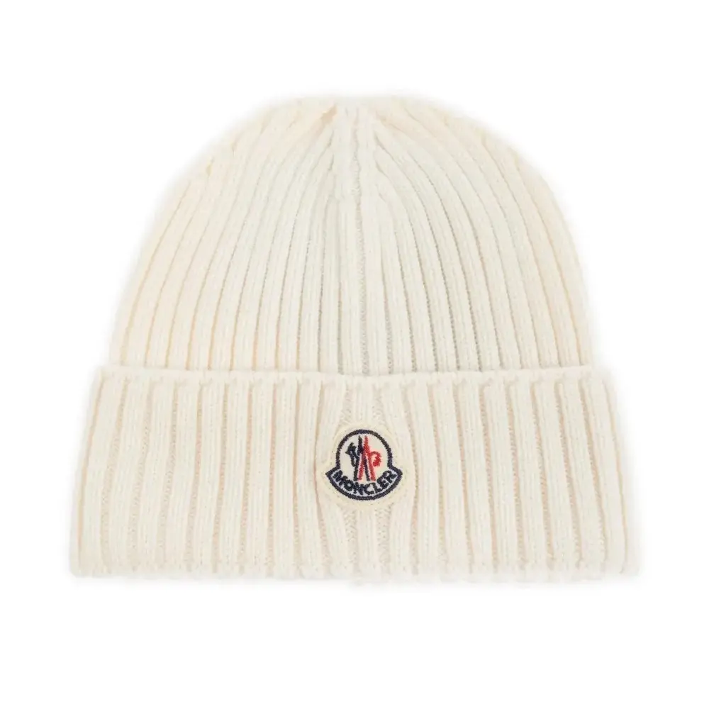 MONCLER White Rib-Knit Beanie Hat with Logo Patch, Warm Winter Knit Cap, Unisex One Size