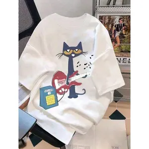 Teen Girl Guitar Cat Print Graphic Tees For Girl Short Sleeve T Shirts,Teen Girl's Summer Tops Crewneck Shirt BlouseMinimalist Style  Sweatshirt ,Oversized Tee