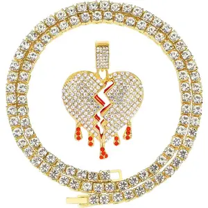 Iced Out Broken Heart Chain Necklace for Men Women,   Heart Pendant with Rope | Tennis | Cuban Link Chains,  Hop Rapper Chain Necklaces