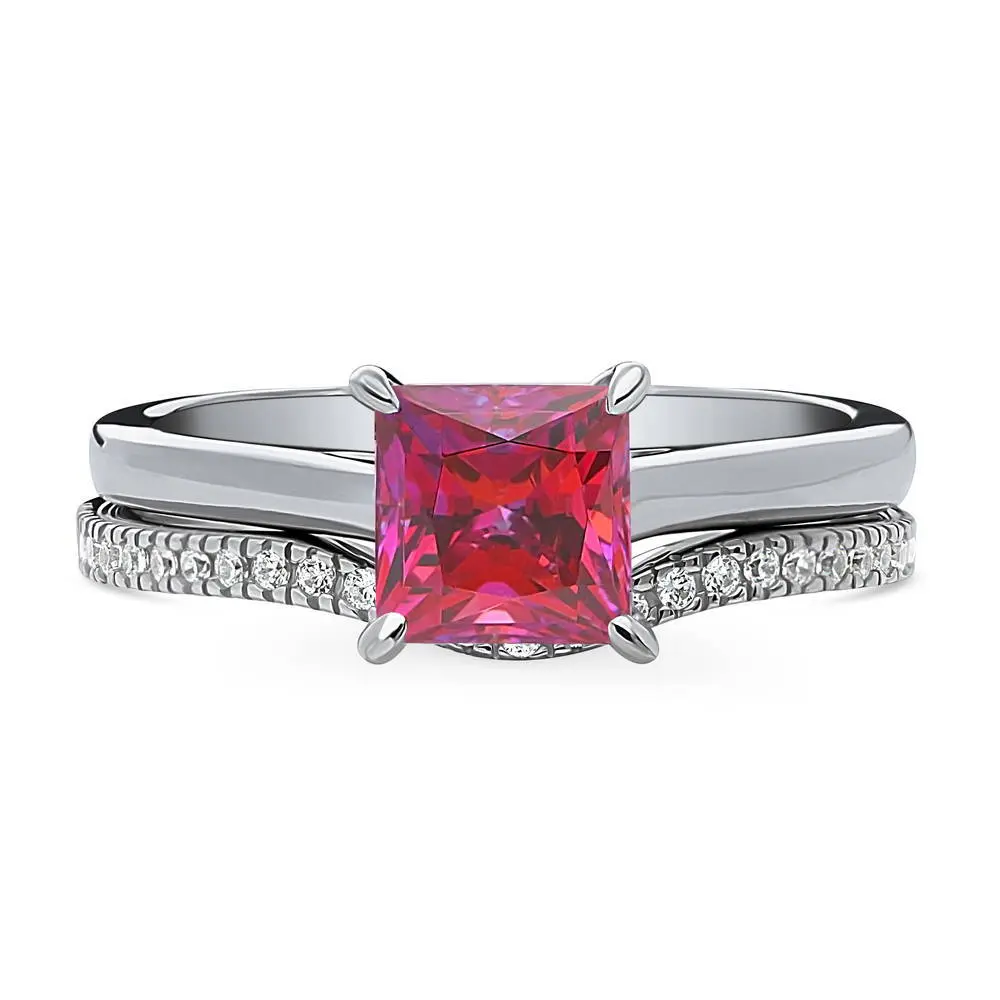 BERRICLE Sterling Silver Solitaire Wishbone Engagement Promise Rings Stackable Band for Her, 1.2 Carat Red Princess Cut Cubic Zirconia CZ Ring Set