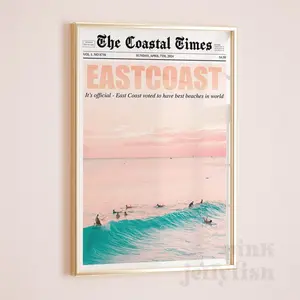 [UNFRAMED POSTER] Eastcoast newspaper print, coastal cowgirl wall art, orange and blue beach, digital print, printable art