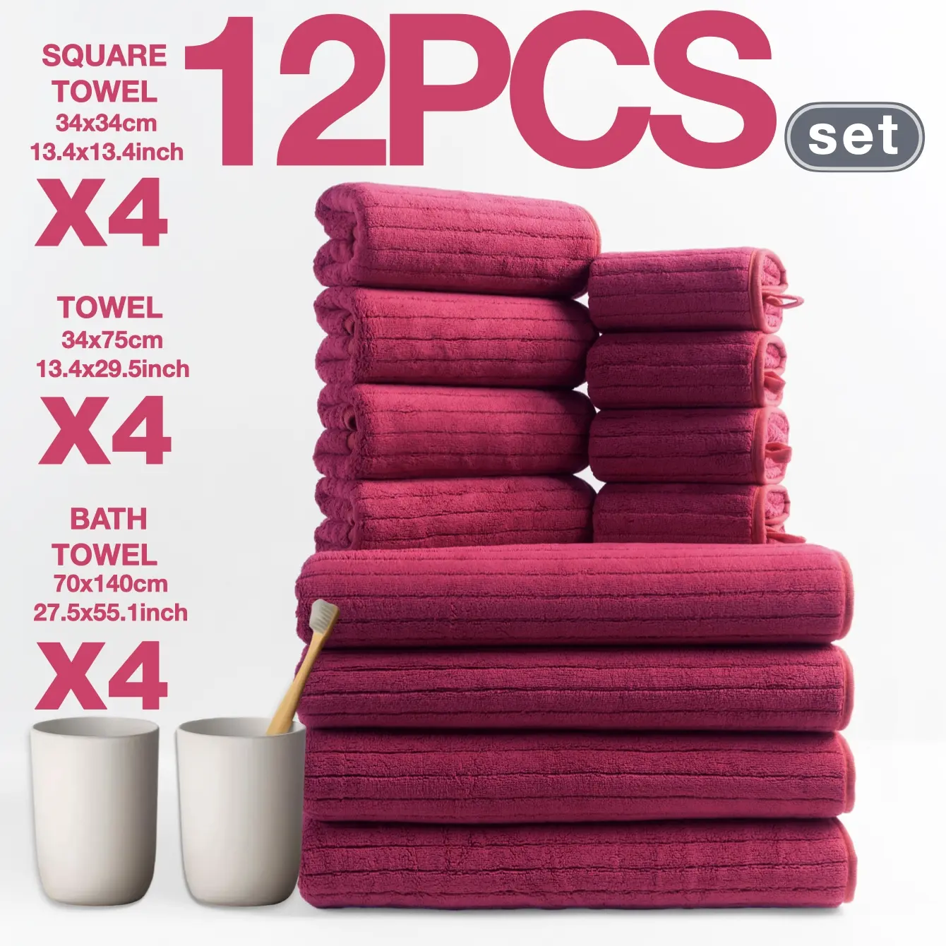 12-Piece Luxury Striped Pattern Bath Towel Set, Bathroom Towel Set, Includes 4 Bath Towels & 8 Handkerchiefs, Super Absorbent Quick-Dry Microfiber Material, Premium Towel Set