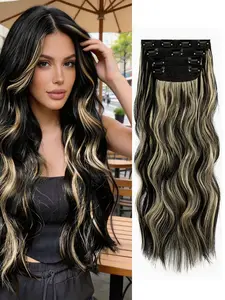Upgrade Your Hair Game!  Long Wavy Ombre Clip-In Hair Extensions, Natural Looking, Easy To Apply, Heat Resistant, Instant Length & Volume, Perfect For Daily, Party & Cosplay Looks! Heat Resistant Hairpiece, Wavy Hairpieces, Synthetic Hair Extensions