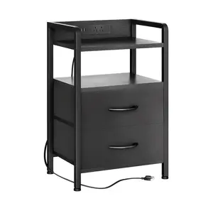 Nightstand with 2 Fabric Drawers and Storage Shelf – 3-Tier Modern Bed Side Table with Wooden Top for Bedroom, Living Room, Study, Hallway, Small Spaces, Black/Brown/White