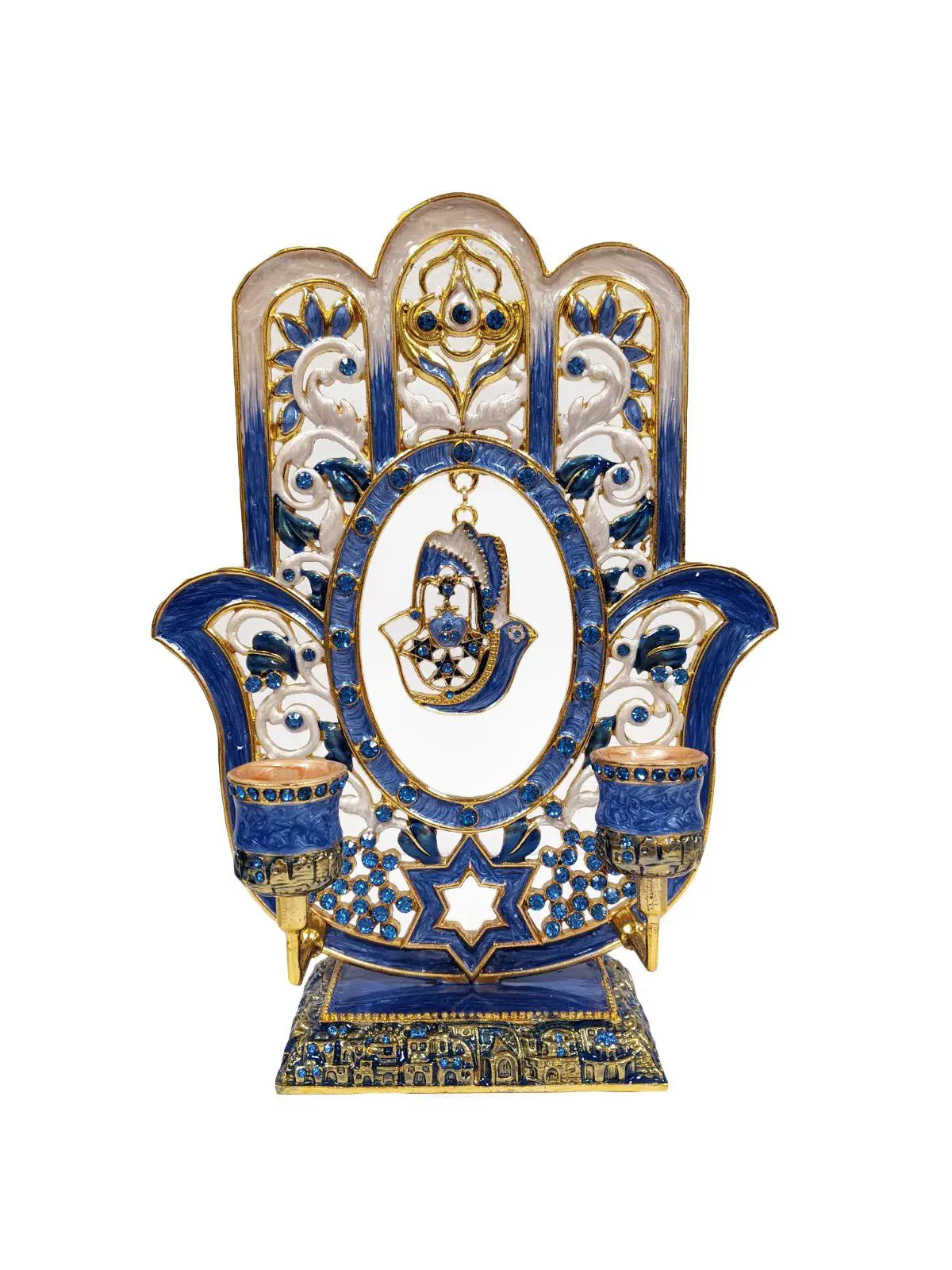 Blue Hamsa Hand Shabbat Candle Holder Embellished with Genuine Crystals