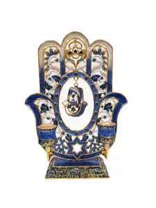Blue Hamsa Hand Shabbat Candle Holder Embellished with Genuine Crystals
