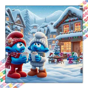 1 DIY handmade diamond painting kit, 5D diamond art set, DIY decoration, Smurfs, winter, coffee diamond painting kit full round drills, mosaic, diamond art, DIY art home decoration, suitable for Christmas.