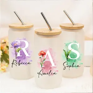 Personalized Initial Floral Can Glass, Custom Name 16oz Frosted Iced Coffee Cup With Lid Straw, Flower Gift for Women