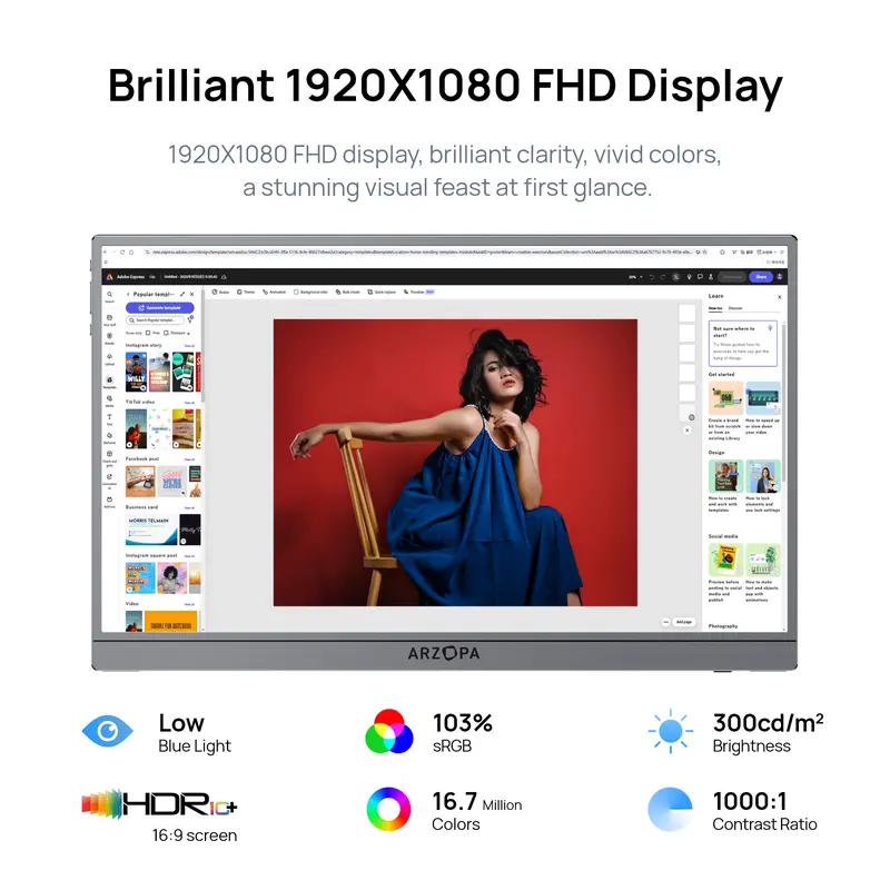 ARZOPA Portable Monitor 16.1"/17.3" FHD 1080P 60Hz/144Hz Laptop Screen Extender for PC Mac Xbox Switch PS5 iPhone IPS Display Computer Display HDR External Screen Game Workfromhome 2